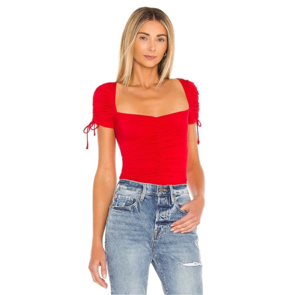 Lovers & Friends Jupiter Bodysuit Red Front Ruched Sz S Pull On Short Sleeve Red